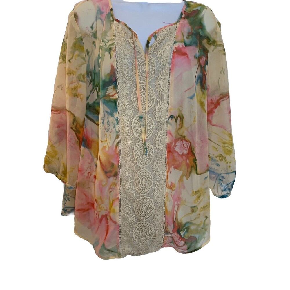 Chicos Boho Eyelet Watercolor Sheer Breezy Blouse Top 3 16 XL (11)